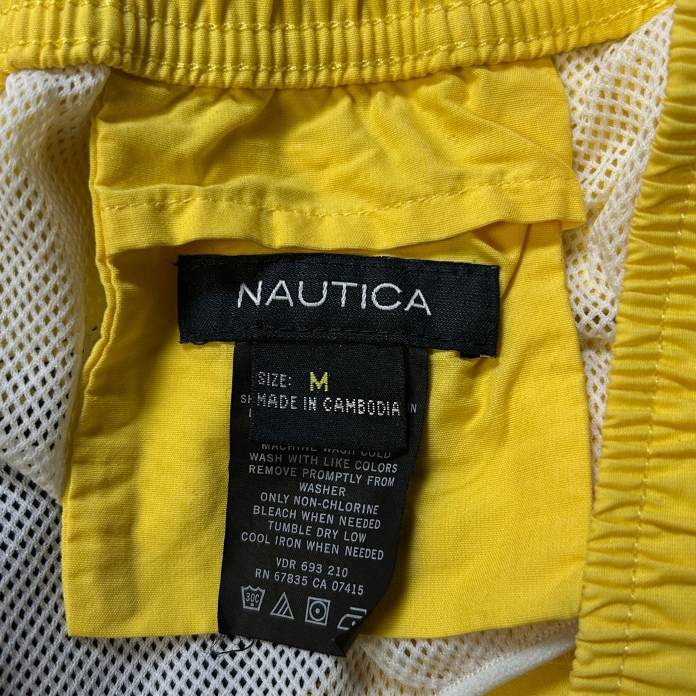 Vintage 90s Nautica Swim Trunks Men Med Yellow Navy Colorblock Cargo Mesh Lined - Picture 4 of 10